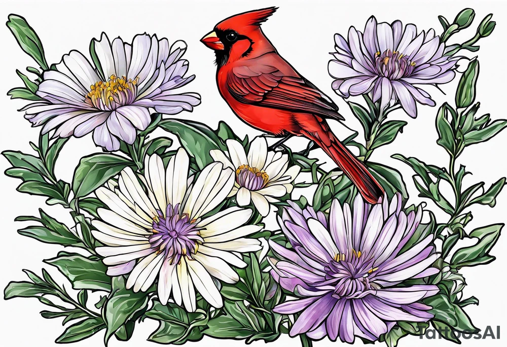 Aster flowers - sea rocket flowers with a cardinal around the words Dad tattoo idea