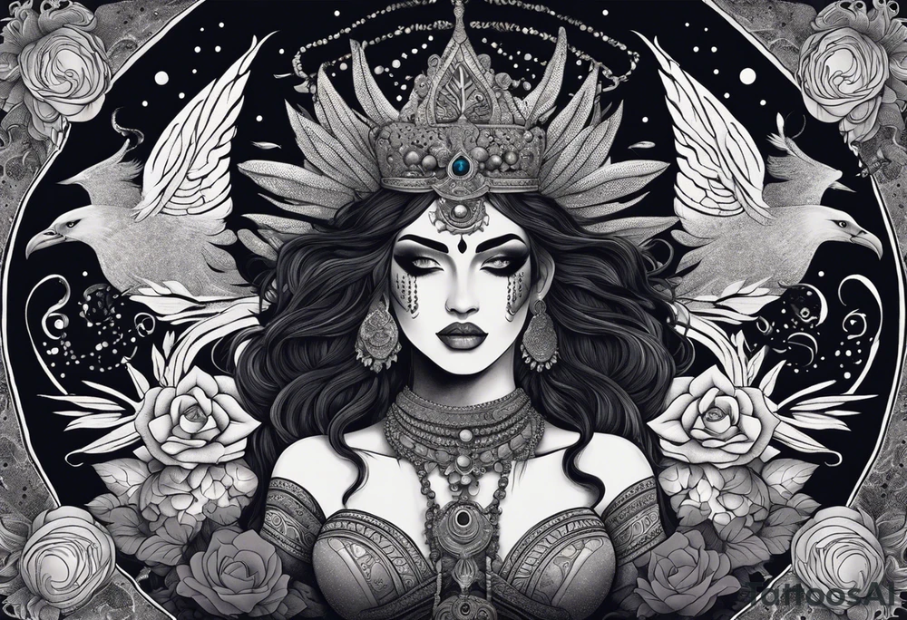 black kali, goddess pirate, alien, angel, pachamama, valkrye, warrior, flying, skull, lotus azul, wing, eagle, zenza resonance, stars, 5D, anahata chakra, death, durga, riding on a tiger, flying lady, kundalini, chest tatoo, samuri, rebel,serpent tattoo idea