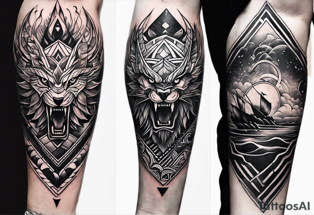 From left shoulder to forearm sleeve tattoo. Fine line geometric, concept design tattoo, ocean thunder fire nature, viking tattoo idea