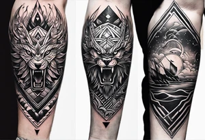 From left shoulder to forearm sleeve tattoo. Fine line geometric, concept design tattoo, ocean thunder fire nature, viking tattoo idea