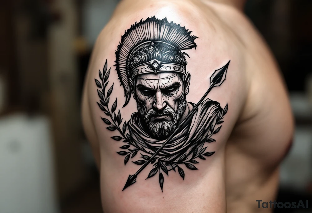 mythological Rome fighter  that come down an arrow and surrounded by a olive tree leaf around tattoo idea