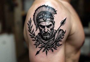 mythological Rome fighter  that come down an arrow and surrounded by a olive tree leaf around tattoo idea