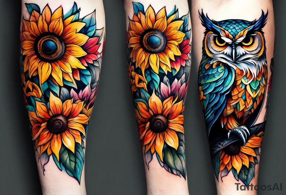 Leg sleeve with colorful sunflowers and an owl tattoo idea