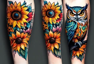 Leg sleeve with colorful sunflowers and an owl tattoo idea