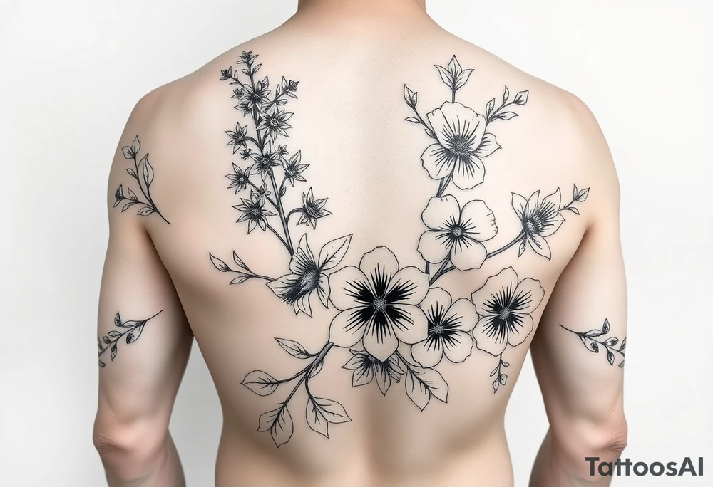Full sleeve tattoo design of larkspur and hawthorn flowers, highly detailed line art, black ink, elegant botanical style, intertwined composition, no shading, no human mock-up, clean stencil style suitable for tattooing, fit fully within boundaries. LINE ART ONLY, REMOVE HUMAN, NO SKIN tattoo idea