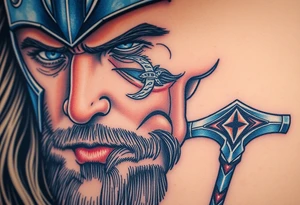 A close-up of Thor’s face from Endgame, with battle scars, glowing blue eyes, and Stormbreaker raised, in hyper-realistic shades of blue, silver, and deep red. tattoo idea