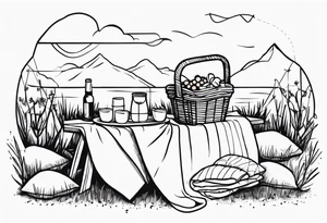 Very light and minimalstic picnic scene in nature. A blanket, picnic-basket with lid, pillows and pennants. Thin lines. tattoo idea