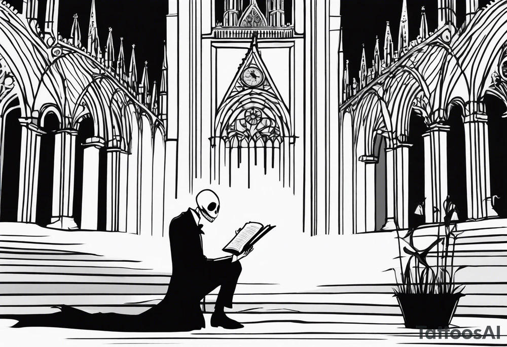 jack skellington leaning against milan cathedral as he reads the date June 07, 2023 tattoo idea