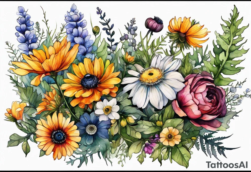 wildflowers with thistles, ferns, ranuculus, white anemones with black center, sun flowers, mixed color flowers and different shapes all in watercolor tattoo idea