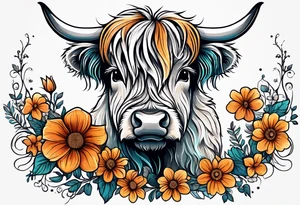 baby highland cow with the October flowers tattoo idea