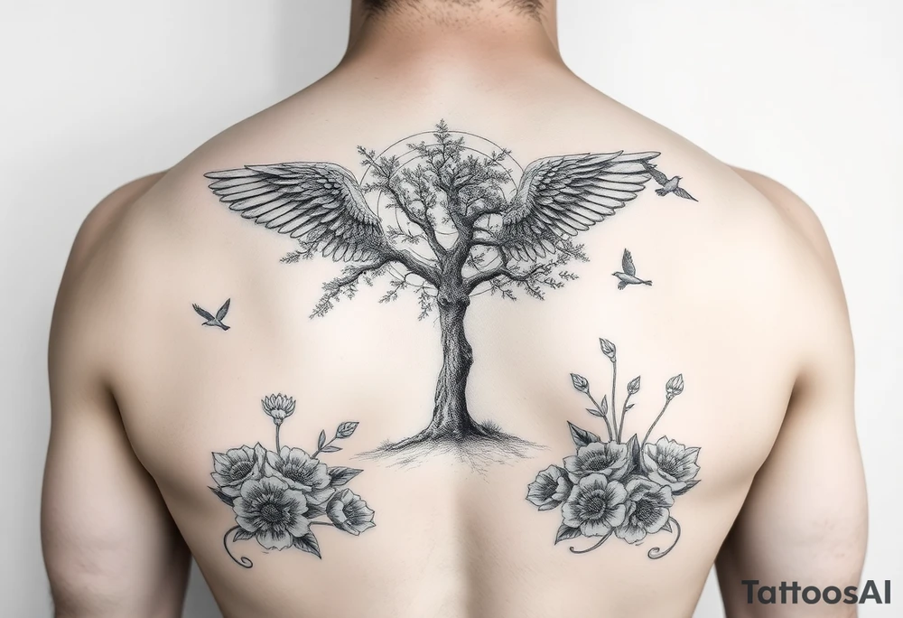 Angelic scene with tree, birds and flowers tattoo idea