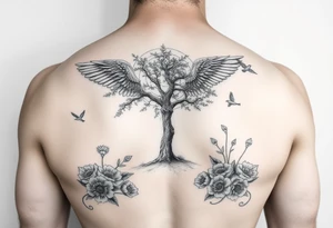 Angelic scene with tree, birds and flowers tattoo idea