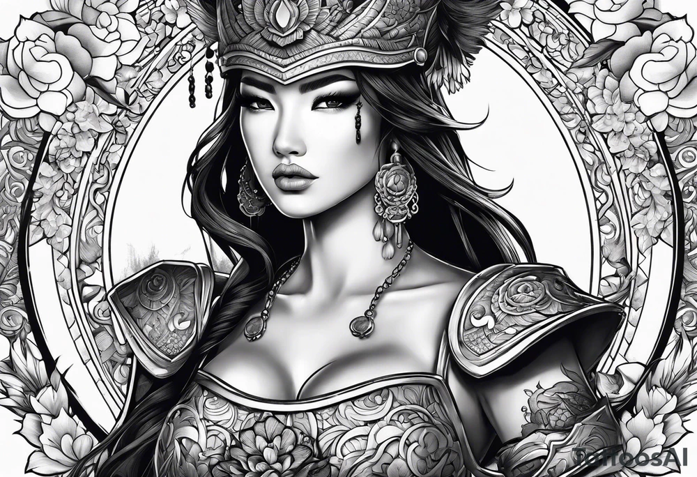 ornate beautiful woman warrior with weapon floral  tattoo tattoo idea