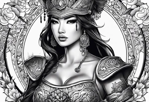 ornate beautiful woman warrior with weapon floral  tattoo tattoo idea