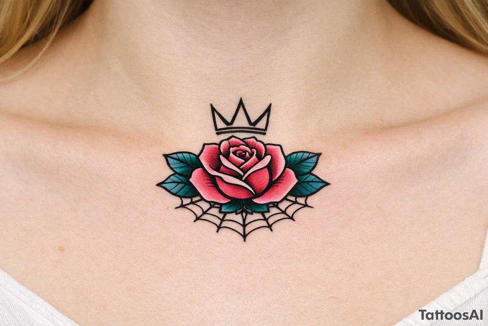 Pink and petrol rose , petrol leaves no stem, minimalist crown above it, crown is black and white and has no gems, crown has three spikes , resembles the basquiat crown , spider web beneath tattoo idea