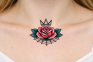 Pink and petrol rose , petrol leaves no stem, minimalist crown above it, crown is black and white and has no gems, crown has three spikes , resembles the basquiat crown , spider web beneath tattoo idea