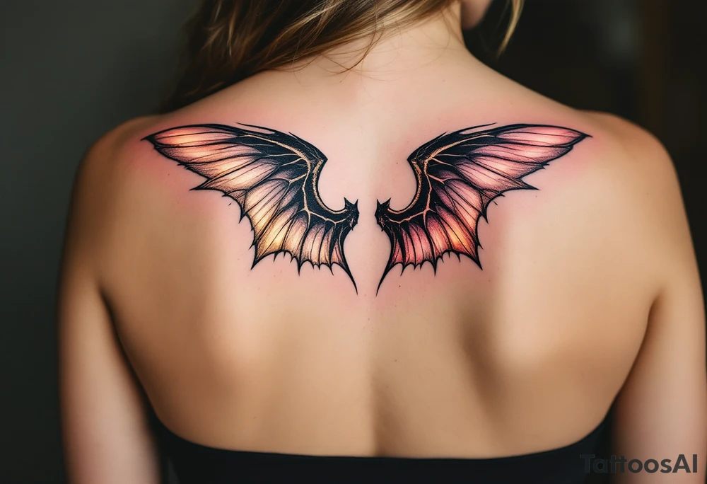 A pair of wings split down the middle—one side an angelic white feathered wing, glowing with soft golden hues, and the other a dark bat-like wing, with deep black and red undertones. The two halves merge at the center, representing the balance of light and darkness. tattoo idea
