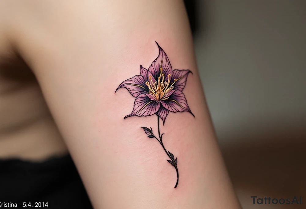 Lilie flower with name and date "Kristýna – 5.4.2014 v 12:00" elegantly curved around its stem in rose gold ink. tattoo idea