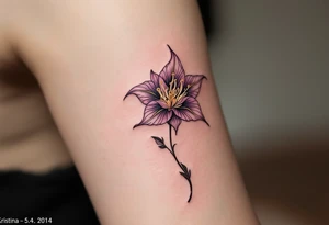 Lilie flower with name and date "Kristýna – 5.4.2014 v 12:00" elegantly curved around its stem in rose gold ink. tattoo idea