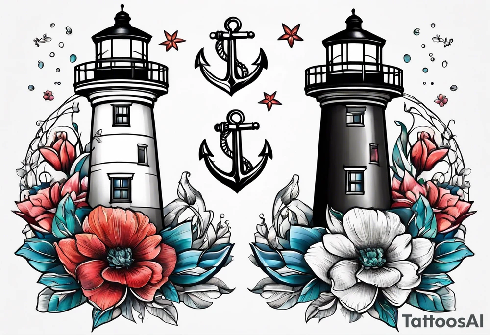 Lighthouse anchor and flowers tattoo idea