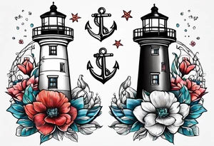 Lighthouse anchor and flowers tattoo idea