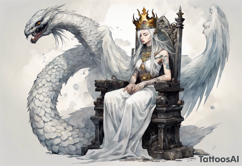 a white bird-serpent hybrid, wearing an iron crown on its head, resting on a stone throne tattoo idea