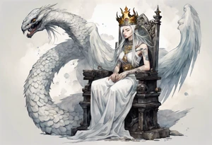 a white bird-serpent hybrid, wearing an iron crown on its head, resting on a stone throne tattoo idea