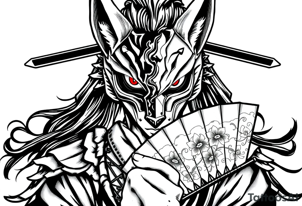 Woman samurai with red eyes wearing an half and broken fox mask, holding a japanese fan with irises. tattoo idea
