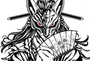 Woman samurai with red eyes wearing an half and broken fox mask, holding a japanese fan with irises. tattoo idea
