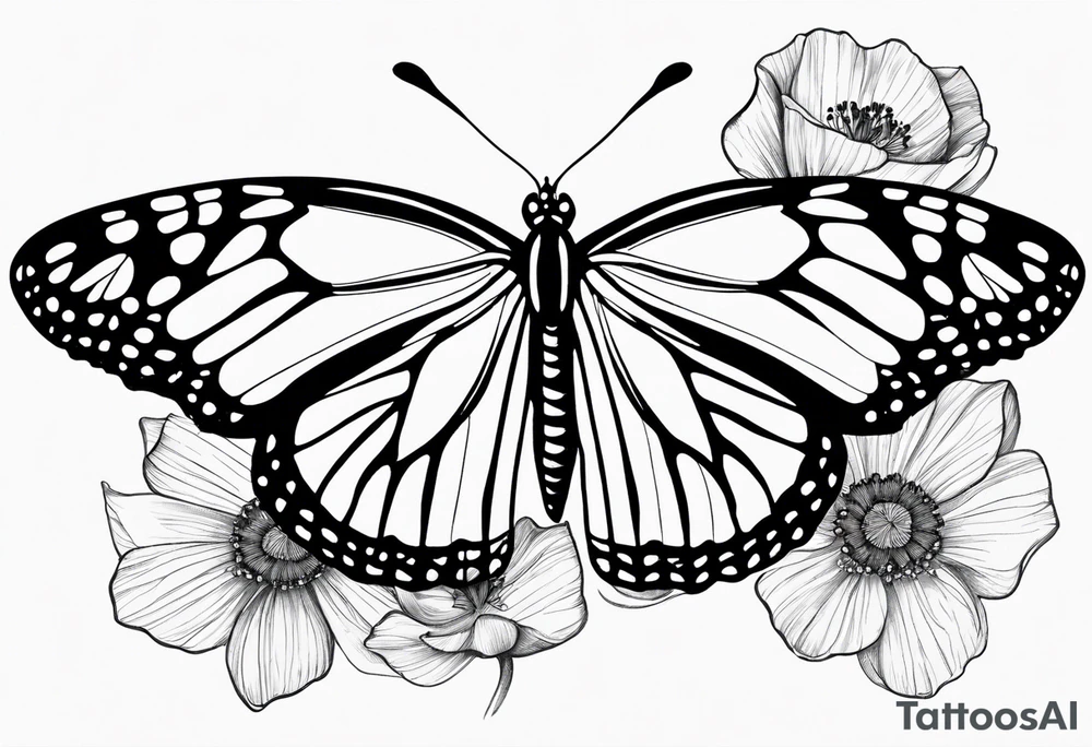 Design a black and white fine line tattoo of a monarch butterfly The top halves of the wings should be filled with delicate poppy flowers, seamlessly integrated into the wing design. The overall style should be minimalistic and elegant, with clean lines and intricate details. The bottom halves of the wings should remain simple to emphasize the flowers above. tattoo idea