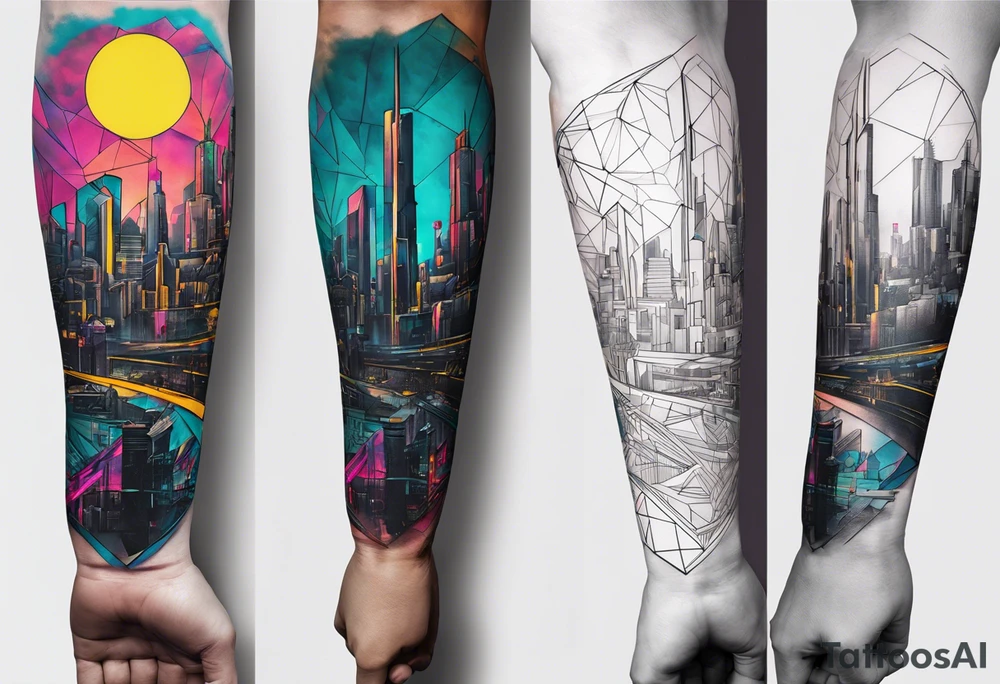 cyberpunk 2077, forearm tattoo, geometric, subtle, men, city skyline tattoo idea