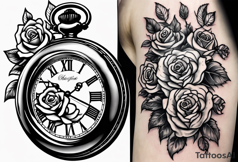 Pocket watch with chain and roses tattoo idea