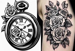 Pocket watch with chain and roses tattoo idea