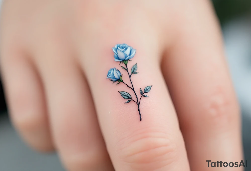Tiny blue rose on finger, soft powder blue with tiny detailed leaves and a slender stem. tattoo idea
