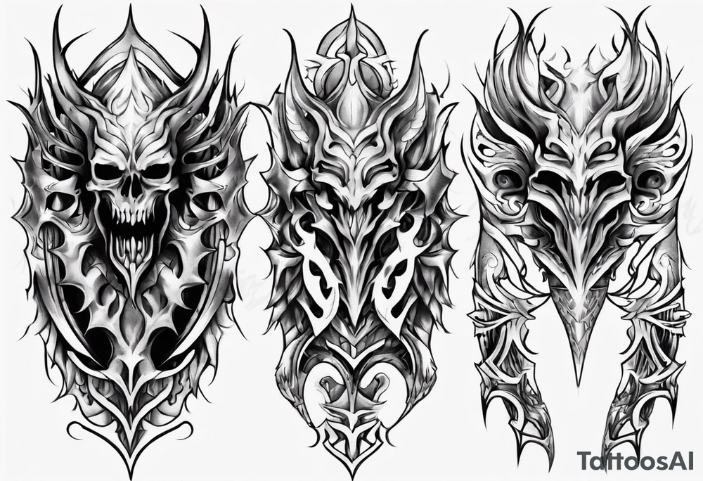 Demonic leg armor symmetrical tattoo idea