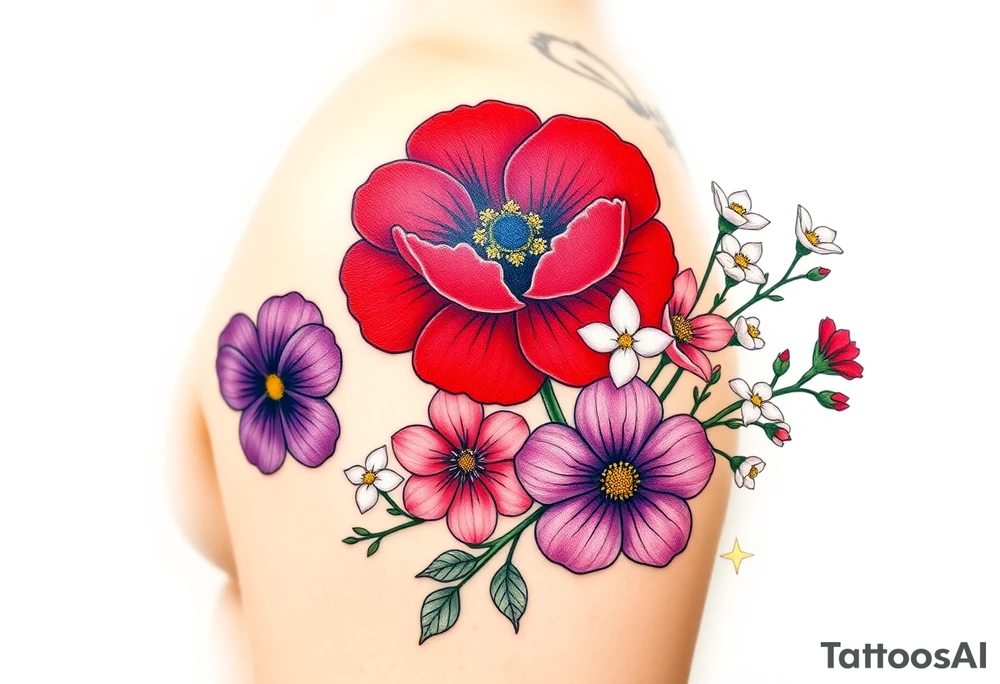Upper left arm, wrapping slightly from the shoulder to the mid-upper arm, ending at the natural mid-arm curve.

Top center: Large red carnation
Left side: Purple pansy above a blue cosmos flower
Right side: Pink cosmos above a red cosmos
White flowers:
3 between the purple and blue flowers
2 below the pink/red flowers
3 on the branch extending from the right side of the carnation
2 on a branch connecting from the right side of the carnation to the top of the purple pansy

Neo-Traditional with Realism influence
Bold, clean black outlines
Flat, rich color gradients
Realistic flower detailing: natural petal texture, realistic shading, and depth
Flowing, realistic green branches and leaves
Fine black dots and small line accents
Small gold star next to the top red carnation

Warm brown skin tone tattoo idea