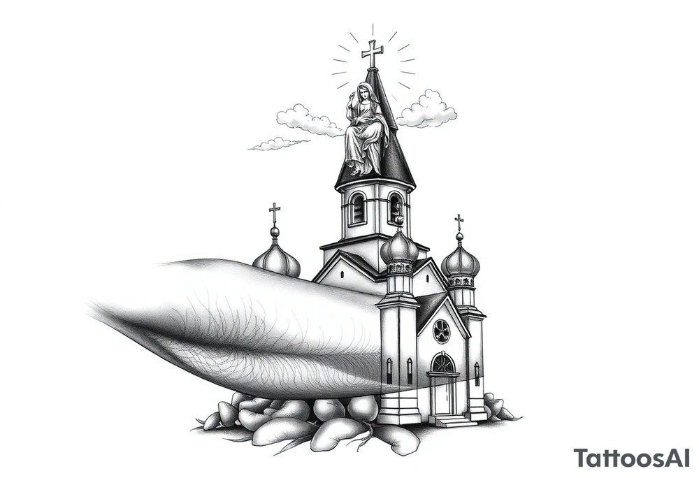 Russian Orthodox church with orthodox spire crosses, with clouds above it and a virgin mary over looking sat above tattoo idea