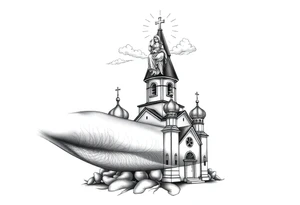 Russian Orthodox church with orthodox spire crosses, with clouds above it and a virgin mary over looking sat above tattoo idea