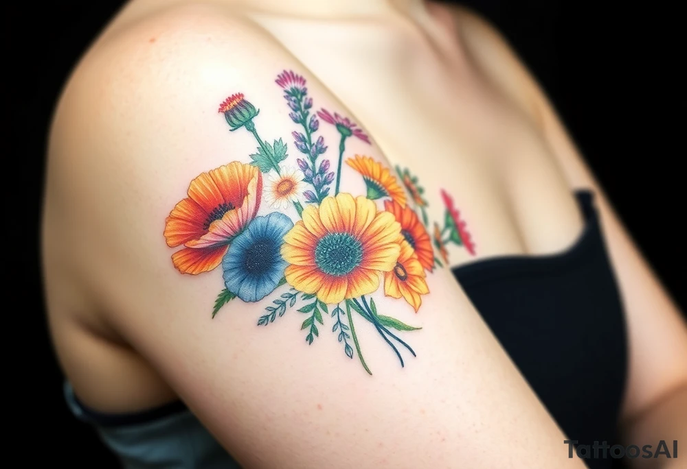 Create an image of an upper arm tattoo (from shoulder cap to just above the elbow) comprised of California poppies, California blackberries, gray’s lupine, marsh marigold, Indian paintbrush, one daisy, and an orange and orange blossom. More realistic and Use color. Bigger bundle and less stems tattoo idea