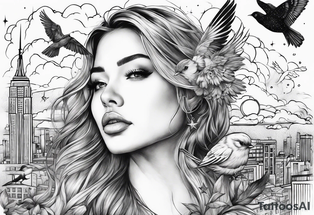 stars, clouds, birds, city tattoo idea