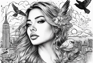 stars, clouds, birds, city tattoo idea