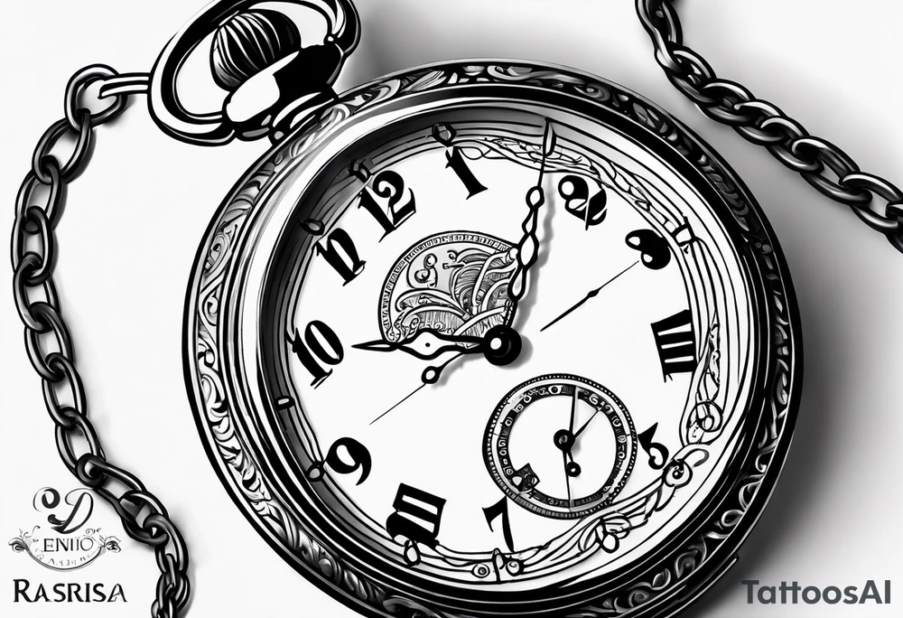 Pocket watch with chain and dates 28/08/1960-25/03/2024 written in it tattoo idea