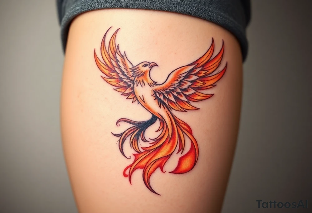 magnificent  phoenix rising from flames with trailing embers  and golden sunset and sky with puffy clouds and heaven backdrop tattoo idea