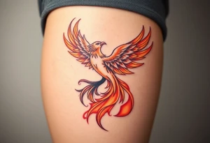 magnificent  phoenix rising from flames with trailing embers  and golden sunset and sky with puffy clouds and heaven backdrop tattoo idea