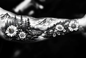 full arm black and white tattoo realistic nature landscape majestic river flowing down bright mountains trees, daisies, chrysanthemums a real bee on one flower a large compass on the forearm tattoo idea