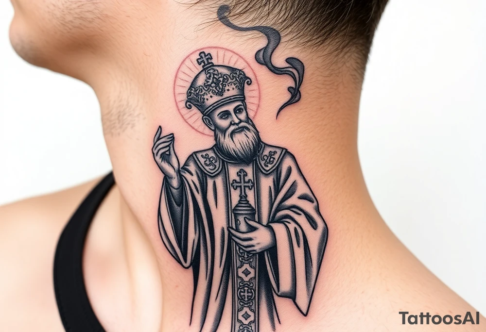 Russian Orthodox Priest in a fully detailed gold vestment swinging a censer with smoke curling upward tattoo idea