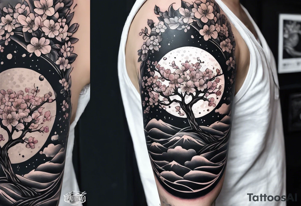 solar system with cherry blossoms spread about spine tattoo idea