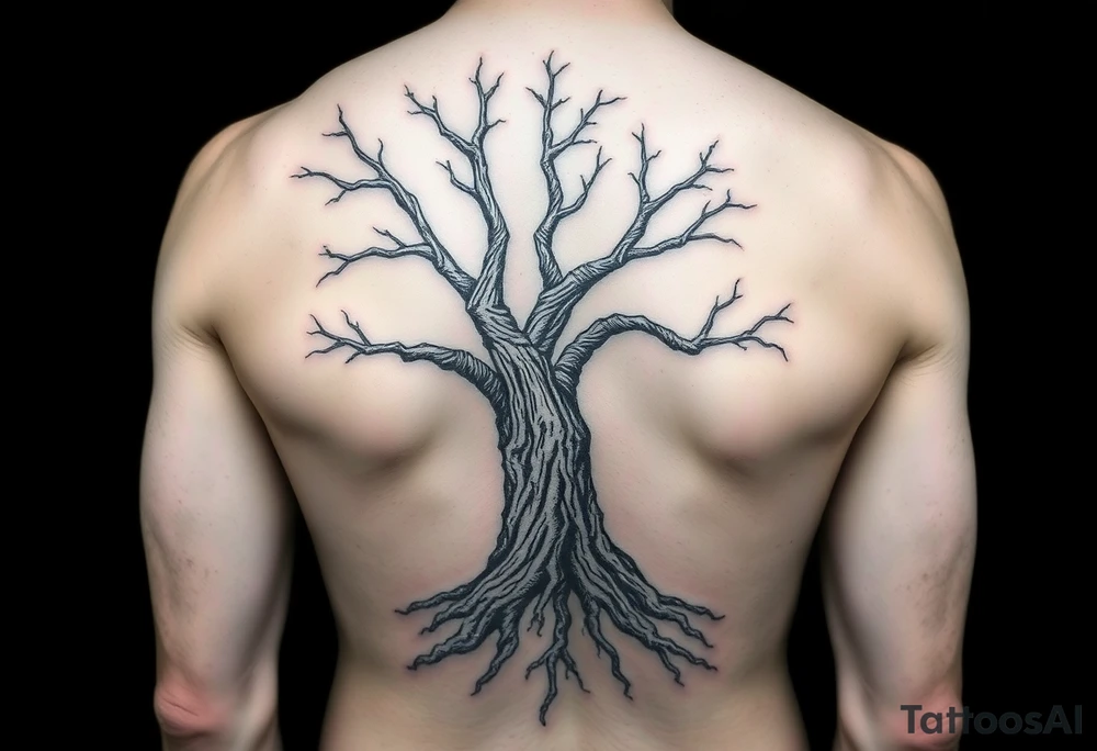 Entire arm tattooed like tree bark with roots at the bottom around the wrist and branches into three at the top by the shoulder tattoo idea