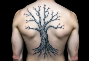 Entire arm tattooed like tree bark with roots at the bottom around the wrist and branches into three at the top by the shoulder tattoo idea
