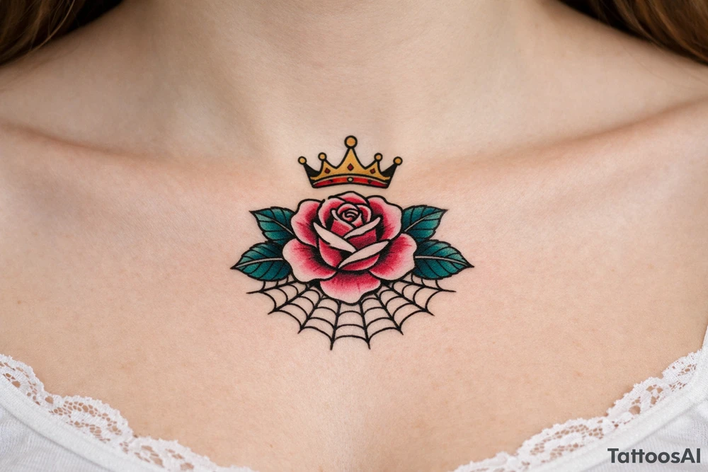 Pink and petrol rose , petrol leaves no stem, minimalist crown above it, spider web beneath tattoo idea